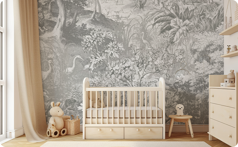 Vintage Funny Jungle Gray Wallpaper Mural